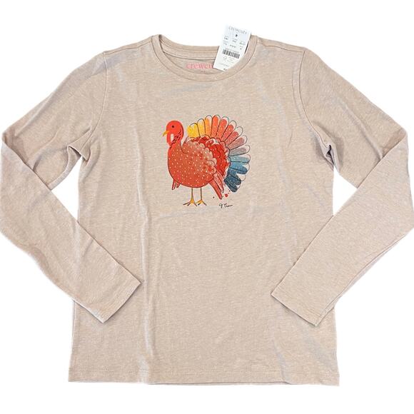 NWT J. Crew Girls' Beige Thanksgiving Turkey Long Sleeve Graphic Tee - Picture 2 of 8